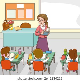 Classroom with students and teacher.students and teacher in classroom children learning education concept.vector illustration of Teacher Woman Teaching in Classroom 