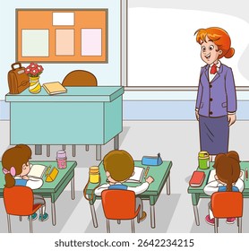 Classroom with students and teacher.students and teacher in classroom children learning education concept.vector illustration of Teacher Woman Teaching in Classroom 