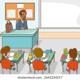 Classroom with students and teacher.students and teacher in classroom children learning education concept.vector illustration of Teacher Woman Teaching in Classroom 