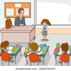Classroom with students and teacher.students and teacher in classroom children learning education concept.vector illustration of Teacher Woman Teaching in Classroom 