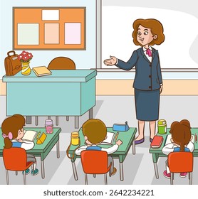 Classroom with students and teacher.students and teacher in classroom children learning education concept.vector illustration of Teacher Woman Teaching in Classroom 