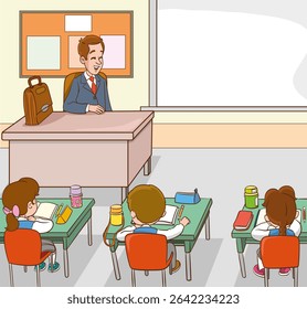 Classroom with students and teacher.students and teacher in classroom children learning education concept.vector illustration of Teacher Woman Teaching in Classroom 