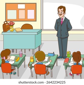 Classroom with students and teacher.students and teacher in classroom children learning education concept.vector illustration of Teacher Woman Teaching in Classroom 