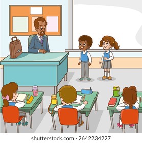 Classroom with students and teacher.students and teacher in classroom children learning education concept.vector illustration of Teacher Woman Teaching in Classroom 
