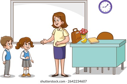 Classroom with students and teacher.students and teacher in classroom children learning education concept.vector illustration of Teacher Woman Teaching in Classroom 
