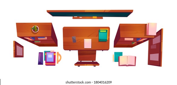 Material del aula vista superior, escritorio interior de estudiantes de clase escolar o universitaria con libros, silla de madera, pizarra y horario colgados en la pared, librerías, espacio para estudiar, ilustración vectorial de dibujos animados