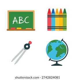 Classroom supplies vector set with blackboard abc, compass, globe, crayons, school lesson icons for back to school design template