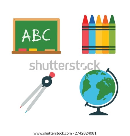 Classroom supplies vector set with blackboard abc, compass, globe, crayons, school lesson icons for back to school design template