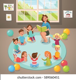 In classroom teacher and children's activity in the kindergarten. Vector design.