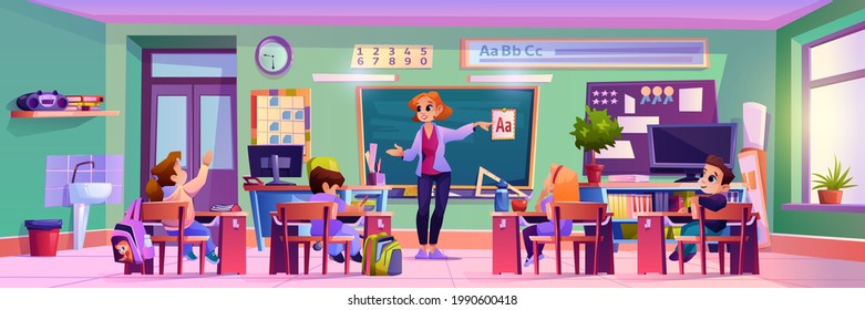 Classroom teacher and kids at lesson, woman explaining abc to kids sitting by desks. Academic education and studying, development and improvement of skills. Cartoon character, vector in flat style