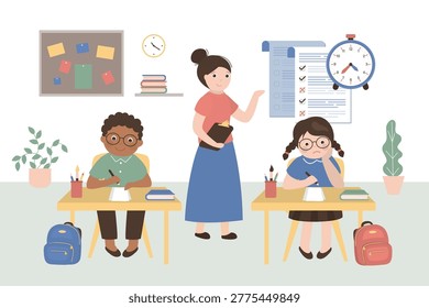 Classroom, teacher monitors two students during exam. School exam or test. Boy focuses on writing while girl looks stressed by clock. Books, bags and plants in room interior. flat vector illustration