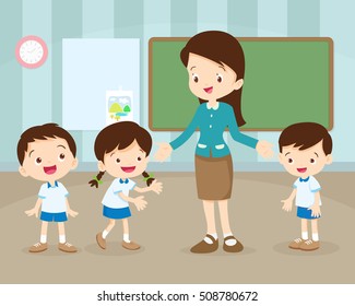 classroom with teacher and pupils.Teacher Teaching Students In Classroom,World Book Day,Back to school,Stationery,Book,Children, Supplies, Educational Subject.cute pupil are learning.