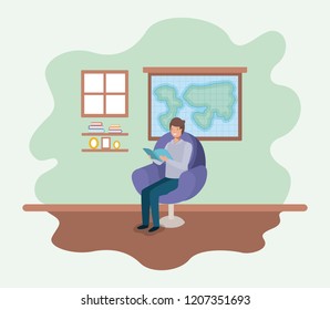classroom with teacher reading book in the sofa