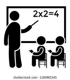 Classroom with teacher, students and board with digits written on it denting learning mathematics icon 