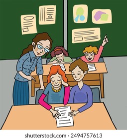 In the classroom, the teacher waits for the students to look at the paper in front of them and answer the question. 