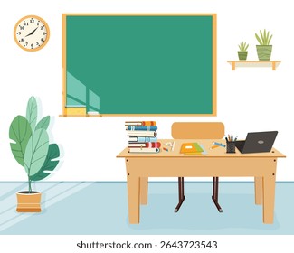 Classroom with a teacher's desk and a wooden chalkboard. There are books and a laptop on the table. School classroom blackboard background. Vector illustration in flat cartoon style