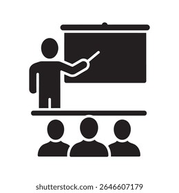 Classroom teaching icon with professor presenting a lesson to students for education seminar business training and academic workshop learning vector solid glyph icon