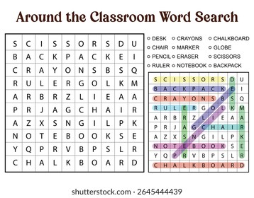 Classroom themed word search puzzle featuring school supplies and furniture. Includes a solved version with highlighted words.