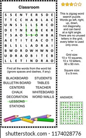 Classroom themed zigzag word search puzzle (suitable both for kids and adults). Answer included.