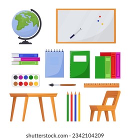 Classroom tools and items vector illustrations set. Colorful books, notebooks, globe, whiteboard, table, chair, pencils and paints for children in school. Education, back to school concept