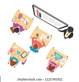 Classroom top view. Children and teacher studying in school class with blackboard vector illustration. Teacher lesson education, elementary lecture school