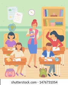 Classroom vector, teacher with book teaching kids. Lesson geography discipline leaning, schoolgirl answering question, Classmates sitting by desks. Back to school concept. Flat cartoon