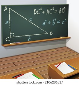 Aula en la que una pizarra con el teorema pitagórico en tiza de una clase de geometría cuelga en la parte posterior