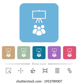 Classroom white flat icons on color rounded square backgrounds. 6 bonus icons included
