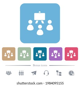 Classroom white flat icons on color rounded square backgrounds. 6 bonus icons included
