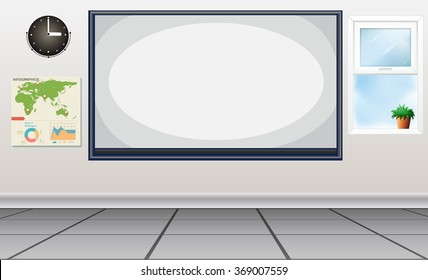 Classroom with whiteboard and map illustration