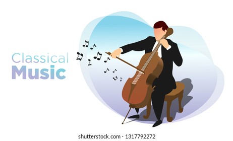 classsical music concept man sit and playing cello with shadow and vibrant asimetric background illustration with text best for presentation and web