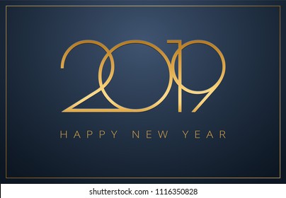 Classy 2019 Happy New Year Background. Golden Design For Christmas And New Year 2019 Greeting Cards. Vector Background In Gold And Dark Blue Color