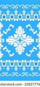 Classy Baroque Victorian Elegance Royal Silk White Ornament Decoration on Blue Background. Detailed of Curly Scroll Ornate with Opulence Luxury Style for Delicate Design Lace Embroidery Border Pattern