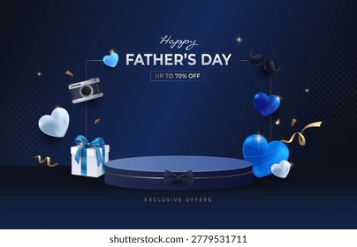 Classy blue father’s day background with podium, hearts, gift box. Father’s day decoration template for web, print and sales promotion.