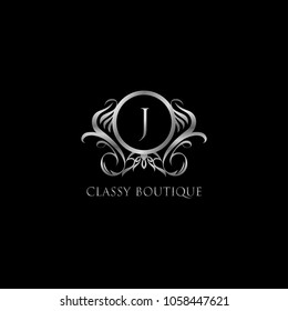 Classy Boutique J Letter Logo, Silver Badge Vector