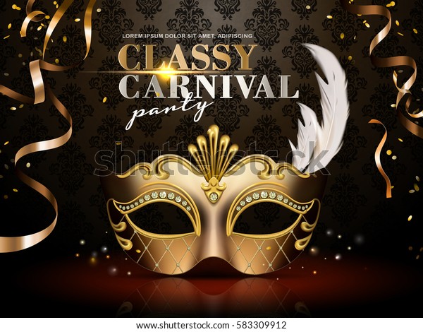 Classy carnival party poster, elegant golden\
mask with diamond and feather decorations isolated on dark\
background in 3d\
illustration
