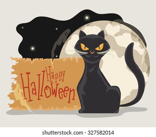 Classy cat on full moon with stars and ghosts background with happy Halloween sign