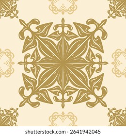 Classy Charming Damask Baroque Scroll Ornament Gold Filigree Hand Drawn Pattern on Beige Background. Seamless Luxury Glamorous Style Floor Decoration Tiles Interior Exterior Wallpaper Mosaic Textiles