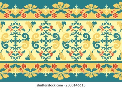 Classy Colorful of Botany Brocade Art Seamless Vector. Luxury Detailed of Florals Scroll Ornament Pattern. Delicate Embroidery Border Royal Opulence Expensive Design for Beautiful Gorgeous Decoration 