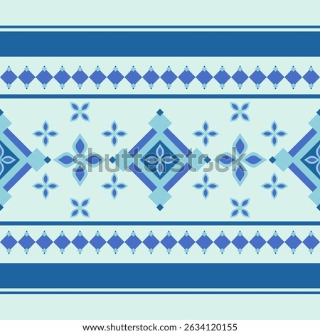 Classy Cool Blue Geometric Florals Embroidery Ethnic Square Diamond Shape Tribal Oriental Thai Silk Origin Dye Style Detailed Beautiful Pattern for Tailor Dress Apparel Homespun Bag Textile Border Rug