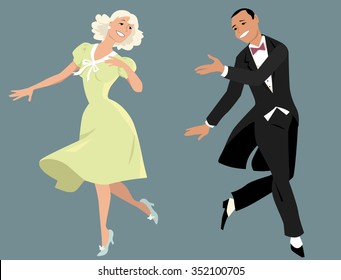 Classy couple in formal retro clothes dancing Broadway style, EPS 8 vector illustration, no transparencies