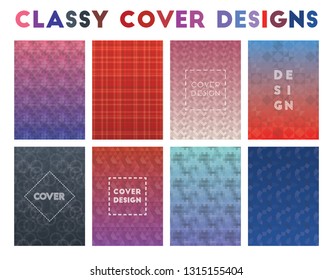 Classy cover designs with geometric patterns and vector illustrations.