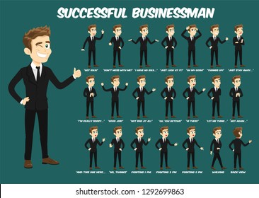 Classy cute business man with dark brown hair and green eyes cartoon flat style stances/body position set, vector illustration