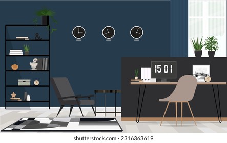 Classy, dark blue home office interior for a global businessman with elegant furniture and a computer on a wooden desk