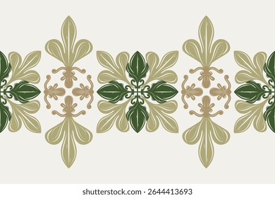 Classy Delicate Haute Couture Leaves and Florals Nature Inspired Seamless Border Pattern. Luxury Wealth Opulence Striped Scroll Ornament Embroidery Silk Weaves For Royal Decoration Belt Attire Ceramic