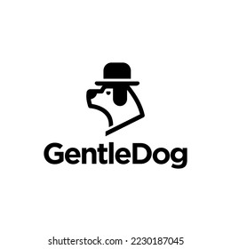 classy dog and bowler hat logo. fashionable dog head logo design. animal wear elegant bowler hat. gentlemen dog design