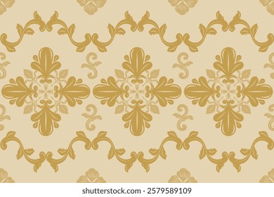 Classy Doodle Baroque Elegance Scroll Ornament with Gold Silk Weaves on Light Yellow Background. Elaborate Luxury Florals Buds Seamless Pattern Border Stripe Haute Couture Hand Drawn Design Rich Frame