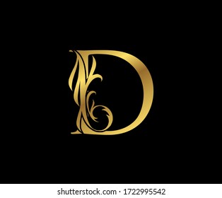 Classy Elegant Gold D Letter Floral logo. Vintage Swirl drawn emblem for book design, weeding card, brand name, business card, Restaurant, Boutique, Hotel. 