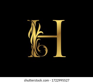 Classy Elegant Gold H Letter Floral logo. Vintage Swirl drawn emblem for book design, weeding card, brand name, business card, Restaurant, Boutique, Hotel. 
