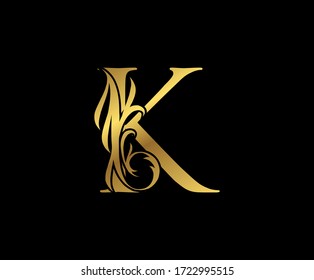 Elegante logo Gold K Carta floral. Emblema dibujado por Vintage Swirl para el diseño de libros, carné de maleza, marca, tarjeta de visita, Restaurante, Boutique, Hotel. 